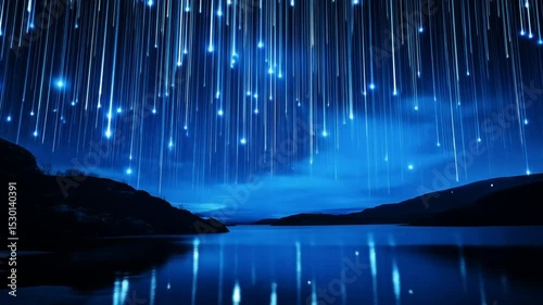 Celestial rainfall illuminates a still lake