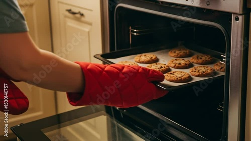 Fresh-Baked Goodness: A close-up shot showcases the art of baking, a hand clad in a protective oven mitt retrieves a tray of freshly baked cookies from a warming oven, symbolizing comfort.