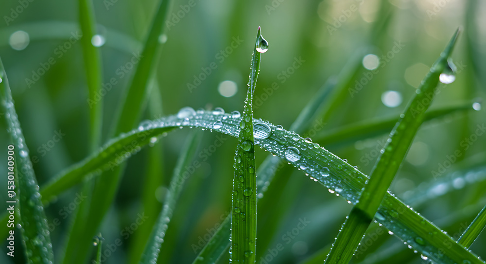 Naklejka premium Macro shot of fresh green grass blades covered in sparkling dew drops after a rain. A clean, vibrant, and refreshing nature background with bokeh. 