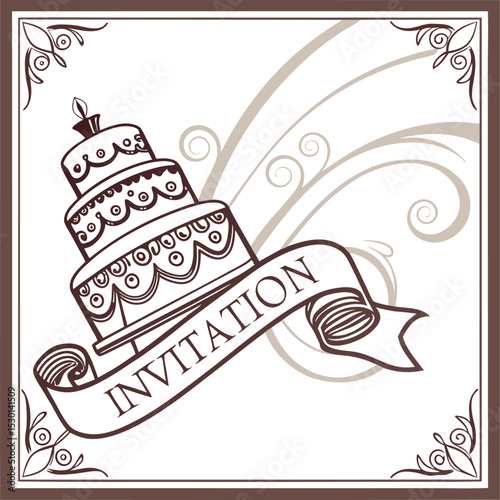 Elegant Cake-Themed Invitation Design with Swirl Accents and Ornate Details for Celebratory Events