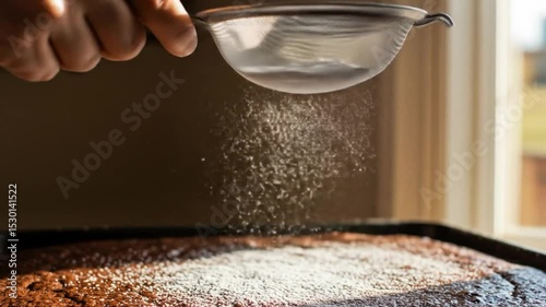 Delicate Dusting: An artistic close-up captures a skilled hand delicately sifting a cascade of powdered sugar, transforming a freshly baked treat with elegance and beauty.