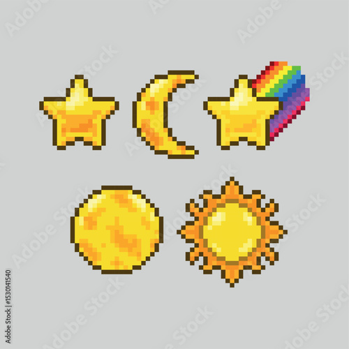 Outer space object icons, pixel art