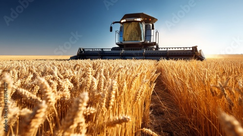 Modern combine harvester operating in a golden wheat field during sunset photo