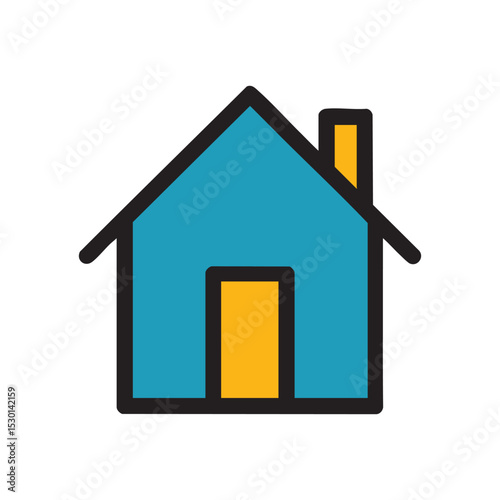 Blue House Icon: A simple yet charming illustration of a teal house with a yellow door and chimney, perfect for representing home, real estate, or property.
