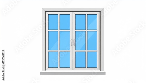 White framed double window illustration with blue glass panels on white background