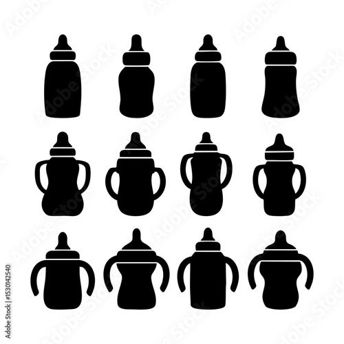 Set of baby bottle milk silhouettes. Black and white Vector Illustration