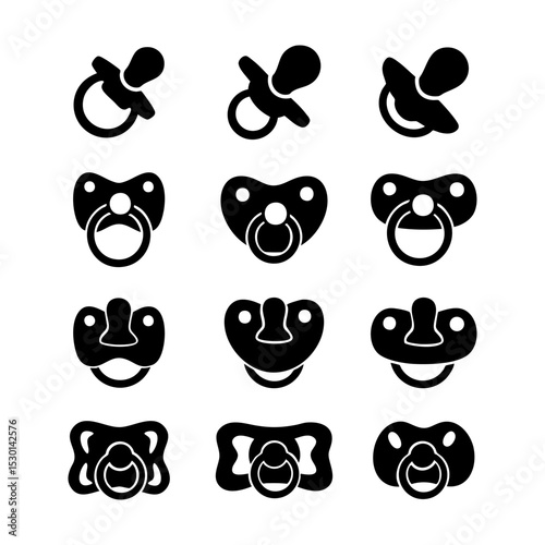 Set of baby pacifier silhouettes. Black and white Vector Illustration