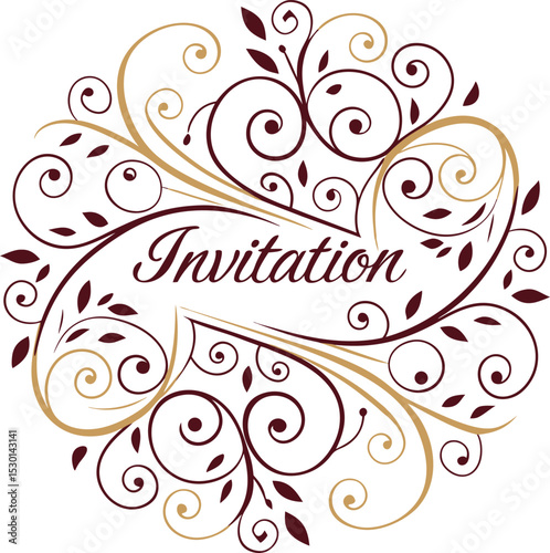 Ornate Burgundy and Gold Floral Invitation Emblem with Decorative Swirls for Elegant Celebrations and Events