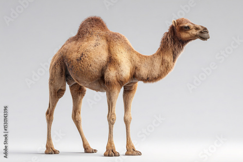 A photorealistic dromedary camel from the Arabian Desert with a single hump and coarse fur