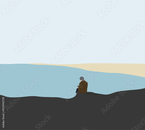 Old woman sitting on rocky coast texting message on mobile phone with beautiful calm lake view.