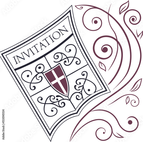 Heraldic Invitation Insignia with Elaborate Crest and Flourishing Swirl Design – Perfect for Medieval-Themed Celebrations and Formal Events