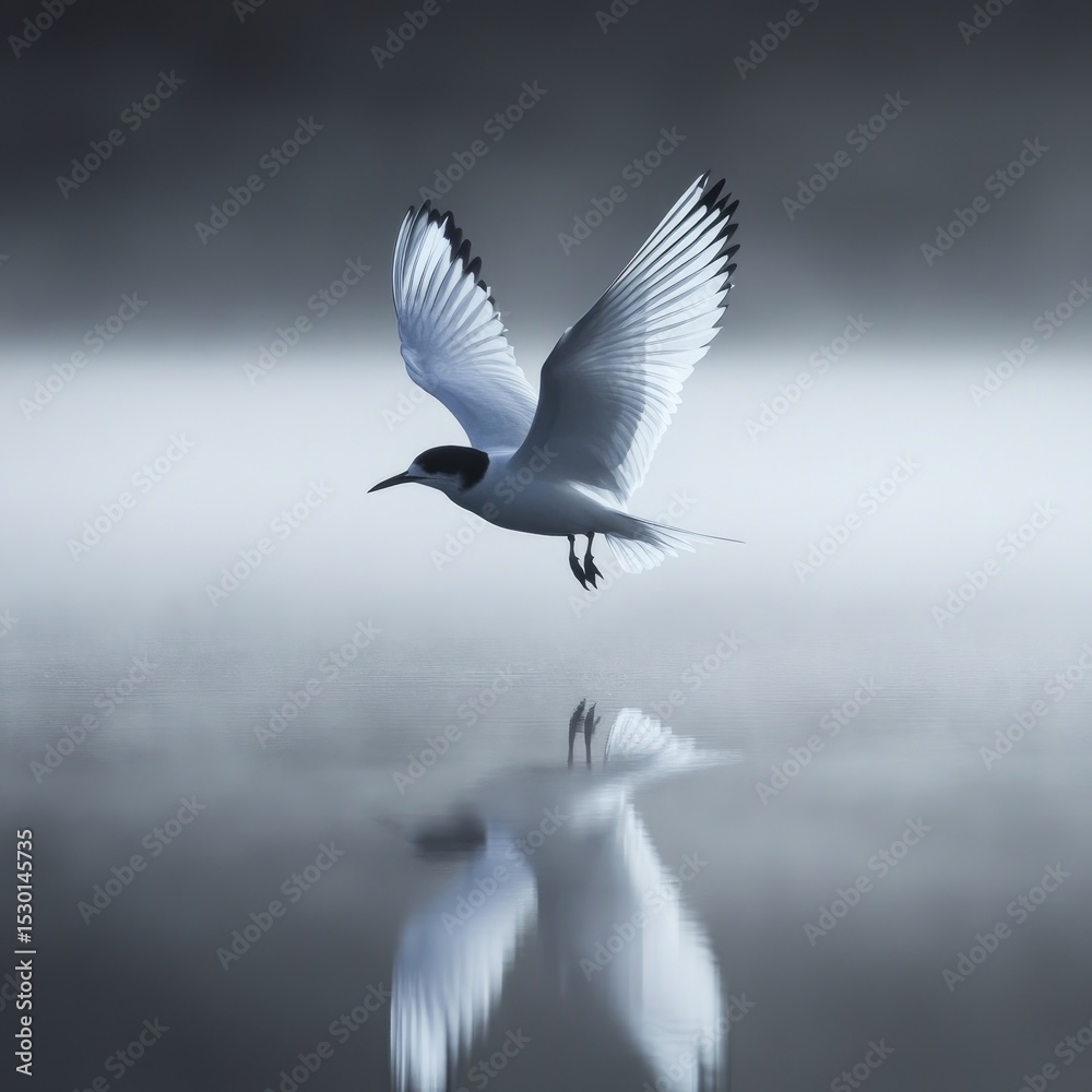 Obraz premium A single, elegant bird soars above a misty lake. Its wings are outstretched, and the image is a monochrome, pale gray and white, with a mirror-like reflection in the water
