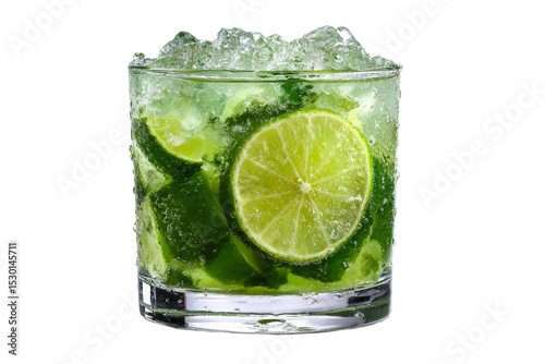 A glass of limeade with a lime wedge in it
