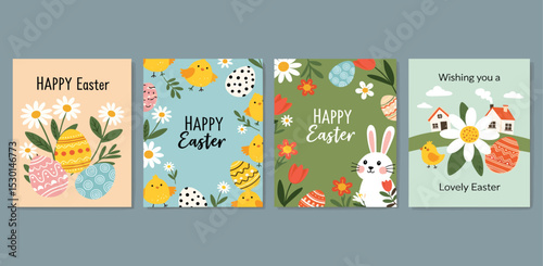 Happy Easter banner. Trendy Easter design with typography, hand painted strokes and dots, eggs and bunny in pastel colors. Modern minimal style. Horizontal poster, greeting card, header for