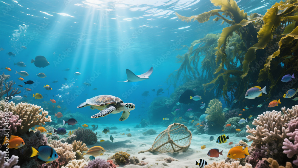 Obraz premium Underwater scene with vibrant coral reefs, colorful fish, sea turtles, sunlight rays, kelp forest, and an empty biodegradable fishing net. No people, no text.
