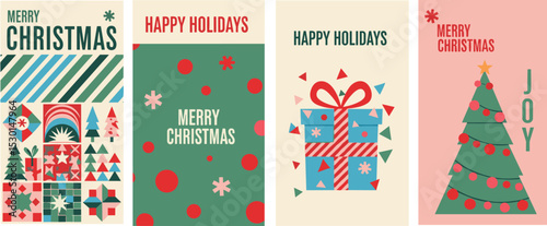 Merry Christmas and Happy New Year Set of greeting card, poster, holiday cover. Modern Xmas design in simple geometric style in green, red, pink and blue colors for ads, sales, print, season greetings
