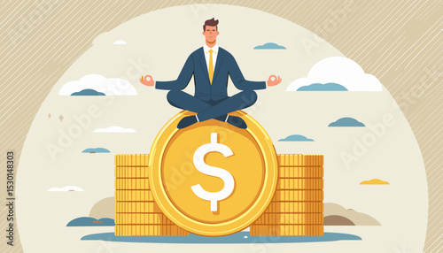 Financial guru or expert, behavioral finance mindfulness for wealth management, money and investment advisor concept, smart businessman meditate and floating on big golden money dollar coin. 