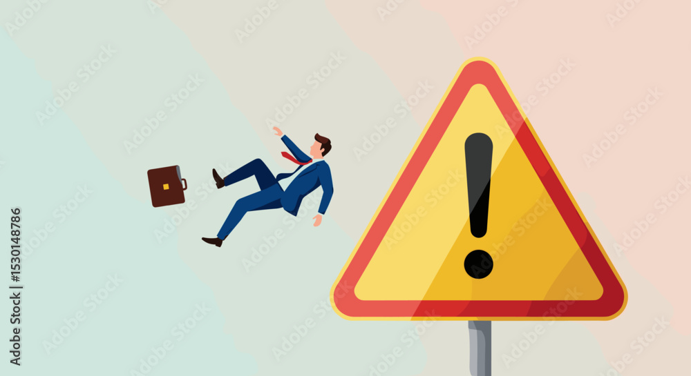Fototapeta premium Mistake caution, business risk or problem warning, failure prevention or avoid danger concept, cautious businessman slip falling on exclamation symbol beware, careful caution sign.