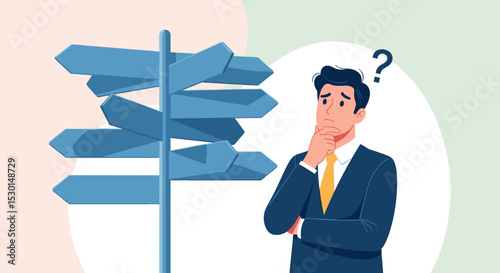 Business decision making, career path, work direction or leadership to choose the right way to success concept, confusing businessman manager looking at multiple road sign and thinking which way to go
