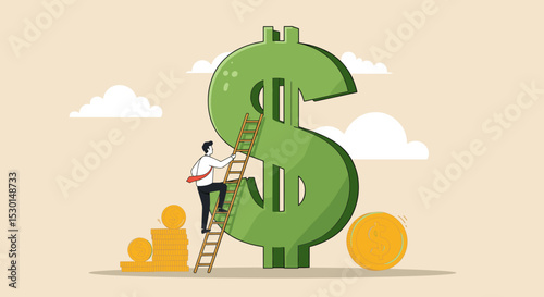 Money ladder to achieve financial independent goal, challenge to reach investment target or wealth planning strategy concept, businessman starting to climb up ladder to the top of money dollar sign.