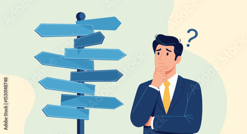Business decision making, career path, work direction or leadership to choose the right way to success concept, confusing businessman manager looking at multiple road sign and thinking which way to go