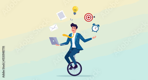 Productive master, productivity and project management skill, multitasking work and time management concept, skillful businessman riding unicycle juggling elements, laptop, calendar, ideas and emails.