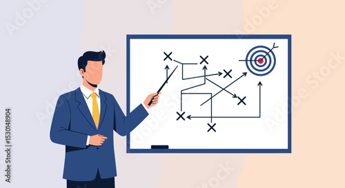 Business strategy planning, marketing tactic or winning strategy to achieve target, project blocker and solution to be success concept, smart businessman presenting business strategy on whiteboard.