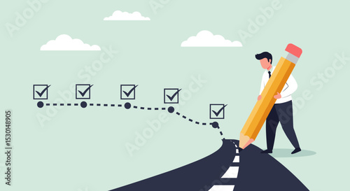 Project tracking, goal tracker, task completion or checklist to remind project progress concept, businessman project manager holding big pencil to check completed tasks in project management timeline.