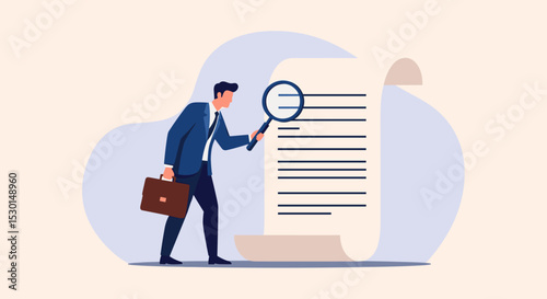 Document checking, agreement or contract validation, financial or budget analysis, search for document files concept, businessman manager holding big magnifying glass checking document paper. 