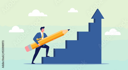 Improvement or career growth, stairway to success, growing income or improve skill to achieve business target concept, confidence businessman step walking up stair of success with rising up arrow. 