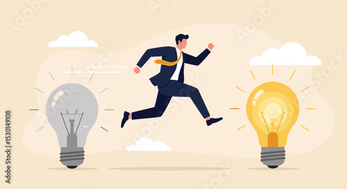Business transformation, change management or transition to better innovative company, improvement and adaptation to new normal concept, smart businessman jump from old to new shiny lightbulb idea.