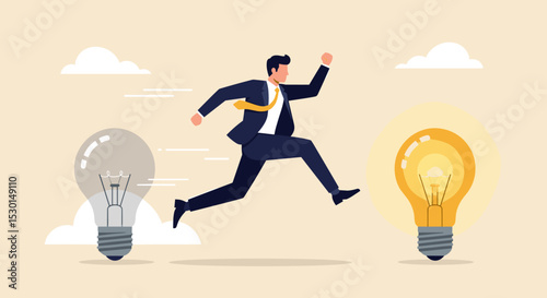 Business transformation, change management or transition to better innovative company, improvement and adaptation to new normal concept, smart businessman jump from old to new shiny lightbulb idea.