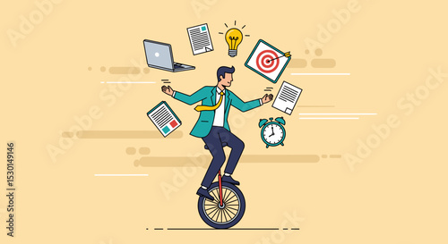 Productive master, productivity and project management skill, multitasking work and time management concept, skillful businessman riding unicycle juggling elements, laptop, calendar, ideas and emails.