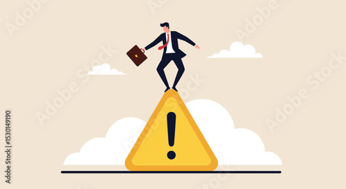 Mistake caution, business risk or problem warning, failure prevention or avoid danger concept, cautious businessman slip falling on exclamation symbol beware, careful caution sign.