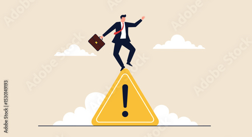 Mistake caution, business risk or problem warning, failure prevention or avoid danger concept, cautious businessman slip falling on exclamation symbol beware, careful caution sign.