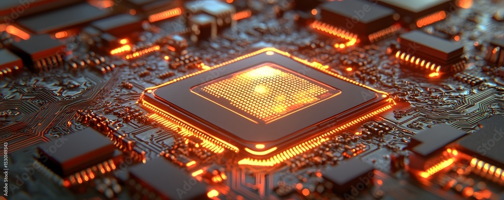 Fototapeta premium High-tech computer circuit with glowing central processing unit.