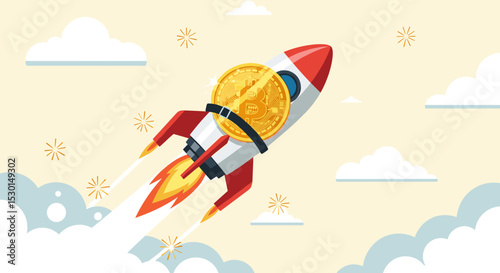 Bitcoin price skyrocket hit record high, cryptocurrency investor got rich with growth high value trading concept, speedy rocket ship holding bitcoin physical coin flying high through space cloud.