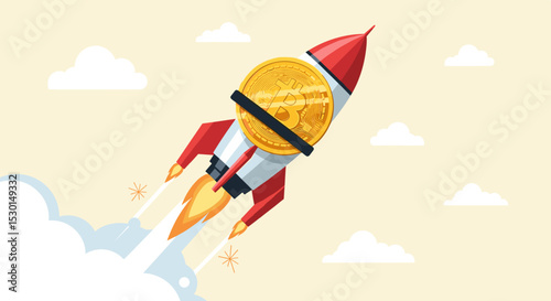 Bitcoin price skyrocket hit record high, cryptocurrency investor got rich with growth high value trading concept, speedy rocket ship holding bitcoin physical coin flying high through space cloud.