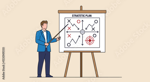 Business strategy planning, marketing tactic or winning strategy to achieve target, project blocker and solution to be success concept, smart businessman presenting business strategy on whiteboard.