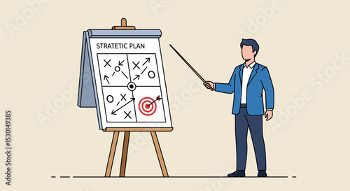 Business strategy planning, marketing tactic or winning strategy to achieve target, project blocker and solution to be success concept, smart businessman presenting business strategy on whiteboard.