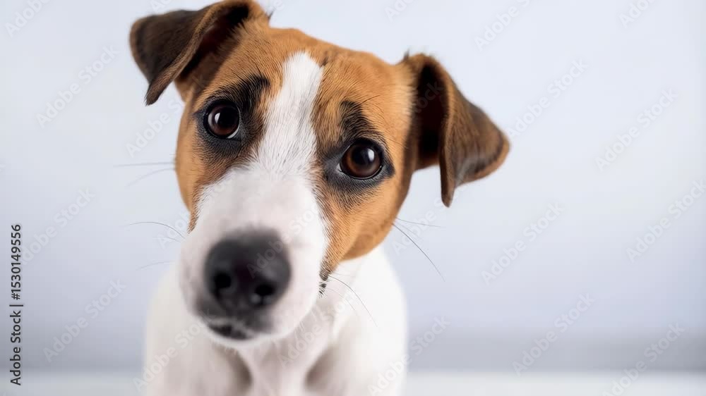 Close-up portrait of a charming puppy with brown and white fur, looking directly at the camera, exhibiting a curious and innocent expression Close-up portrait of a charming puppy with brown and white fur, looking directly at the camera, exhibiting a curious and innocent expression