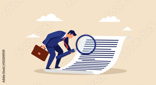 Document checking, agreement or contract validation, financial or budget analysis, search for document files concept, businessman manager holding big magnifying glass checking document paper. 