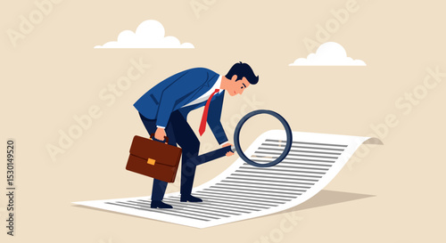 Document checking, agreement or contract validation, financial or budget analysis, search for document files concept, businessman manager holding big magnifying glass checking document paper. 