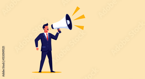 Business shout out, speaking out loud to communicate with co-worker or draw attention and announce promotion concept, confidence young businessman using megaphone speak out loud to be heard in public.
