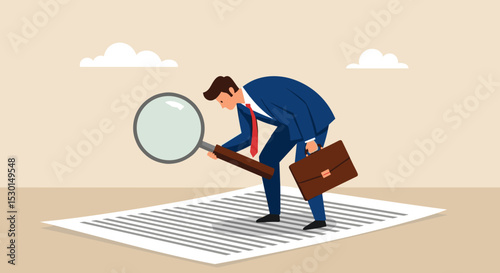 Document checking, agreement or contract validation, financial or budget analysis, search for document files concept, businessman manager holding big magnifying glass checking document paper. 