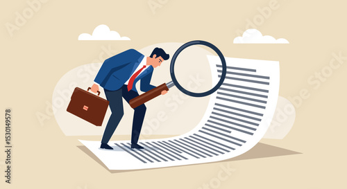 Document checking, agreement or contract validation, financial or budget analysis, search for document files concept, businessman manager holding big magnifying glass checking document paper. 
