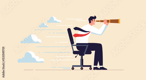 Career future, new job opportunity or visionary to success in work concept, businessman riding office chair using telescope to see future and the way forward. 