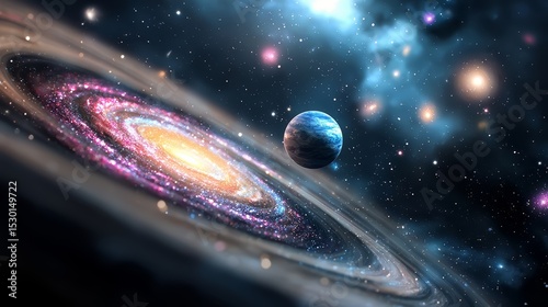 Spiral galaxy with a blue planet in the center. The galaxy is full of stars and planets