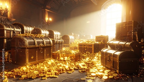 Treasure chest hoard in a sunlit chamber.