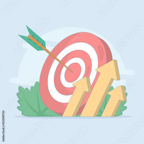 Concept of success in business. Achieving goals. Dart board, arrows, diagrams. Business growth, business plan, financial targets, goals and objectives. Flat design illustration on background.